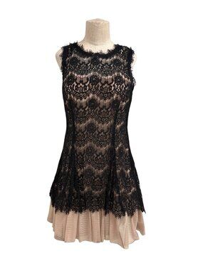Vintage Betsy Adam Black Chantilly Lace Overlay Nude Cocktail Dress Size 12 Deep